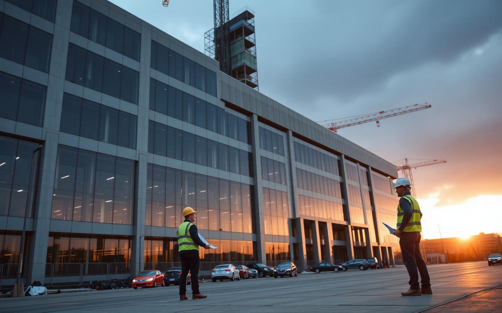 Commercial building project nearing completion at golden hour