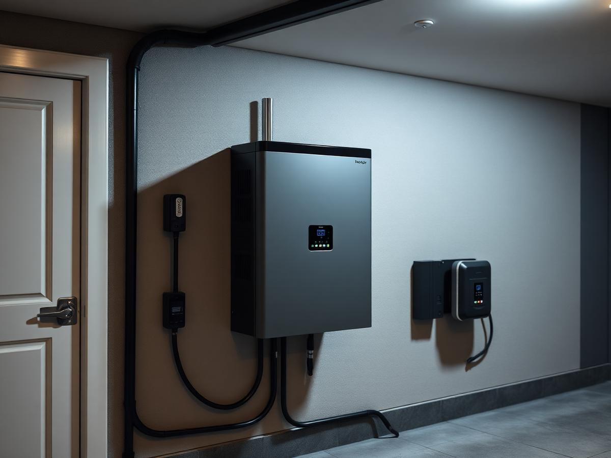 Row of battery storage equipment mounted on a garage wall with visible conduit