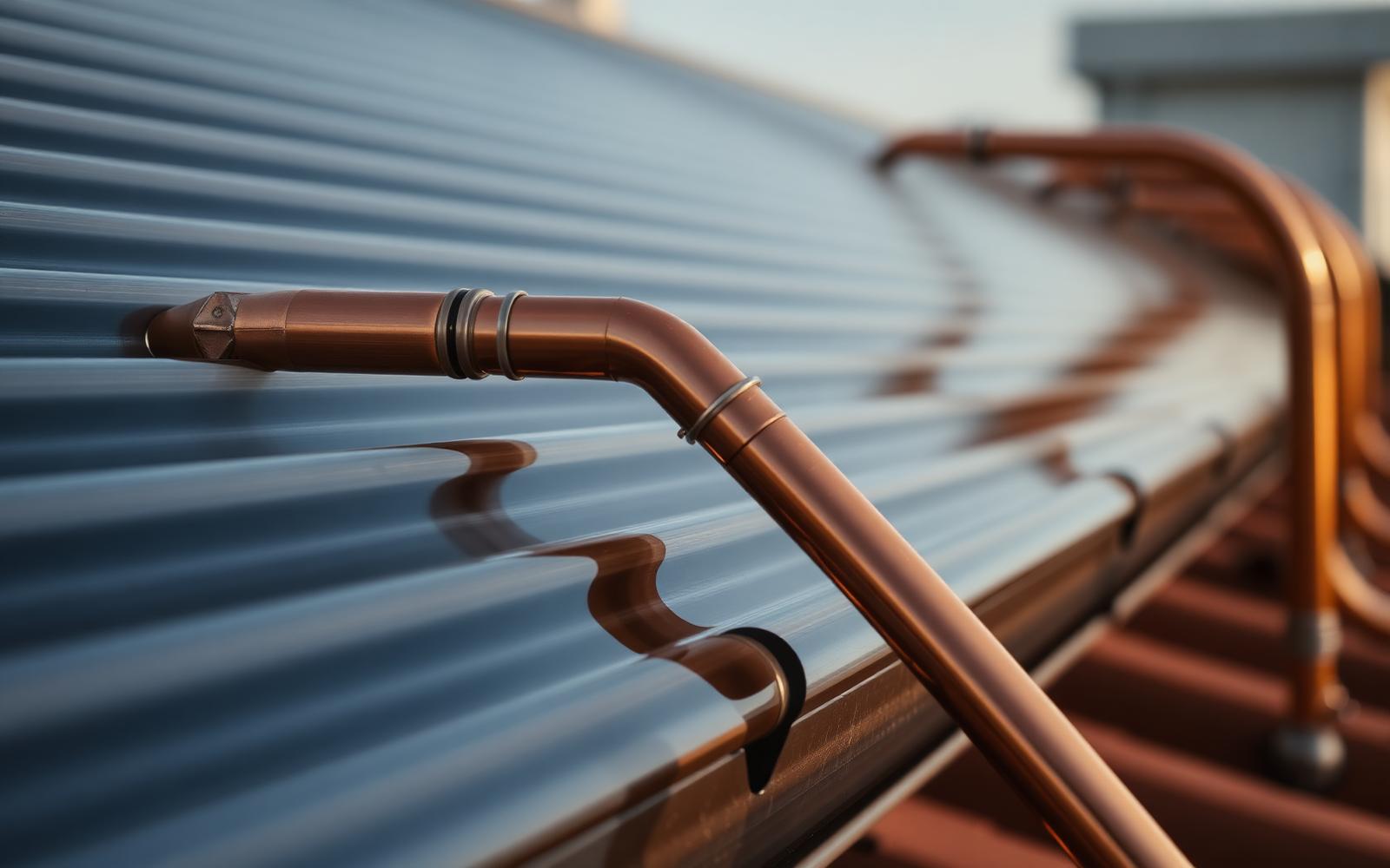 Close-up detail of a solar thermal collector with copper piping